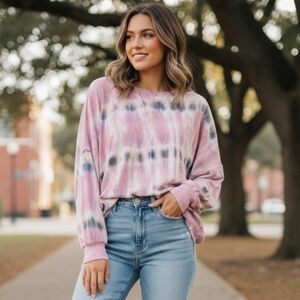 Young Fabulous & Broke Tie-Dye Long Sleeve Top Pink and Blue Womens M Oversize